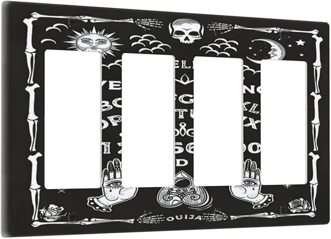 Black Witchy Skeleton Skull Gothic Sun Moon 4 Gang Rocker Decora Novelty Light Switch Cover Decorative Unique Outlet Covers Wall Plate Electrical Faceplate Switchplate GFCI for Bedroom