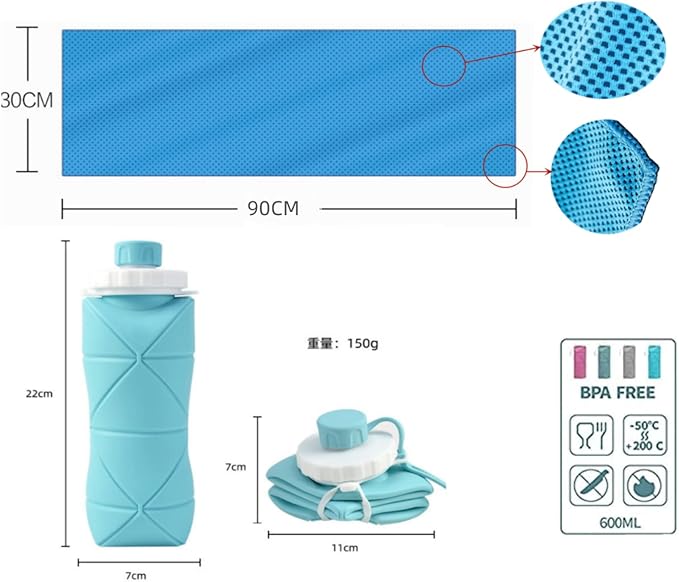 Gift for Father Day and Graduation, New Portable Silicone Collapsible Water bottle with Cooling Towel for Traveling and Outdoor Sports,600ml BPA Free Water Bottle,Summer Essentials (Grey)