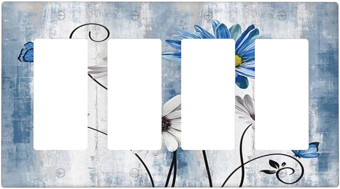 Rustic Teal Blue Daisy Floral 4 Gang Rocker Decora Light Switch Cover Outlet Covers Wall Plate Decorative Switchplate Electrical Faceplate GFCI for Country Bathroom Bedroom Kitchen Decor