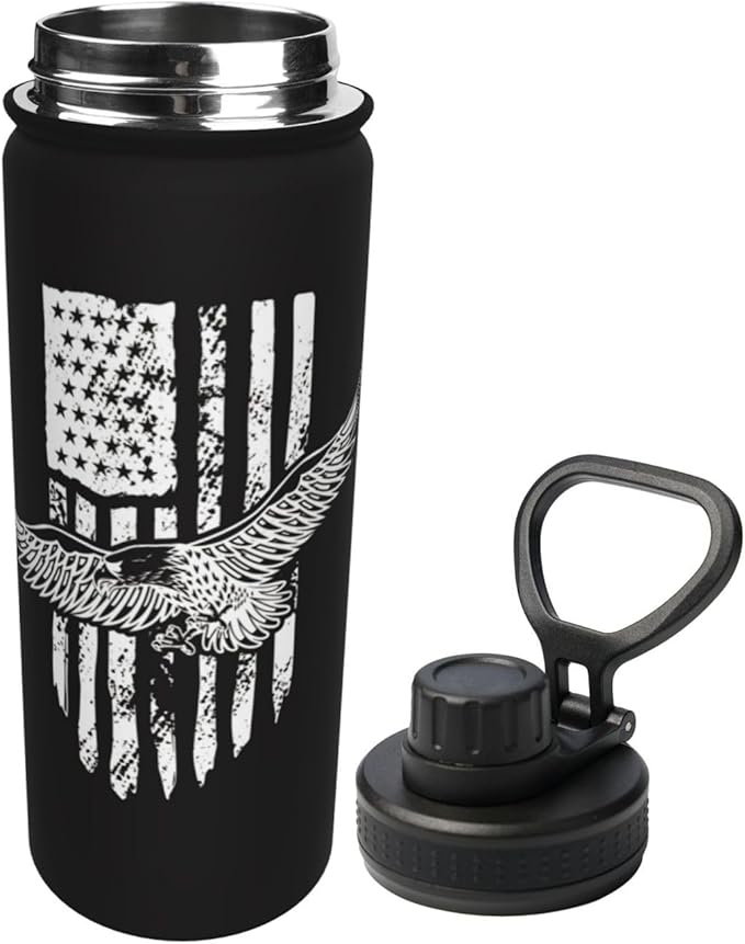 Cerburny Water Bottle Black USA Flag 18 oz Stainless Steel Insulated Bottles With Lid Wide Mouth Gym Sports Water Jug For Men Women Adult