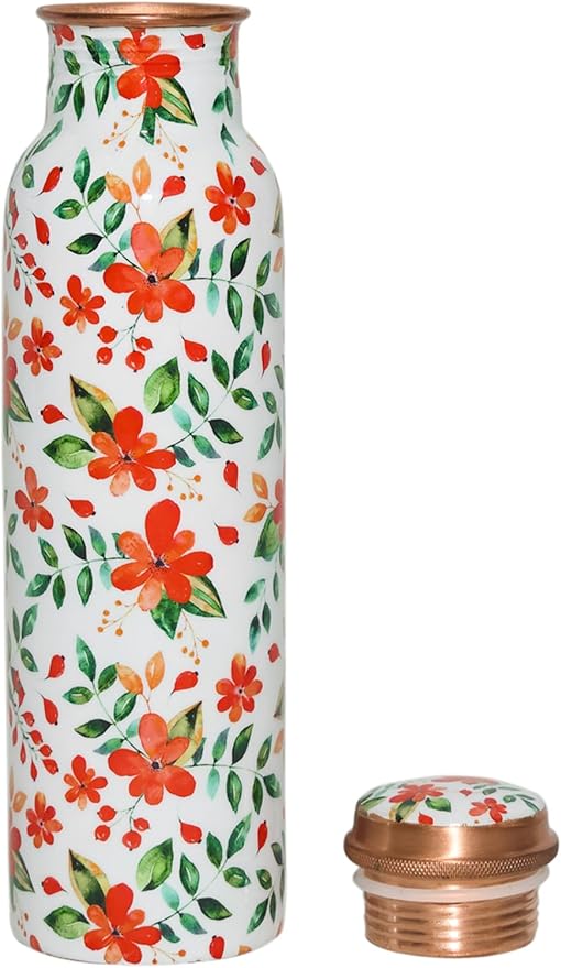 Copper Ayurveda Copper Water Bottle for Drinking – Travel Water Bottle for Gym, Yoga, Office, Hiking, Outdoor – with Lid (White floral)