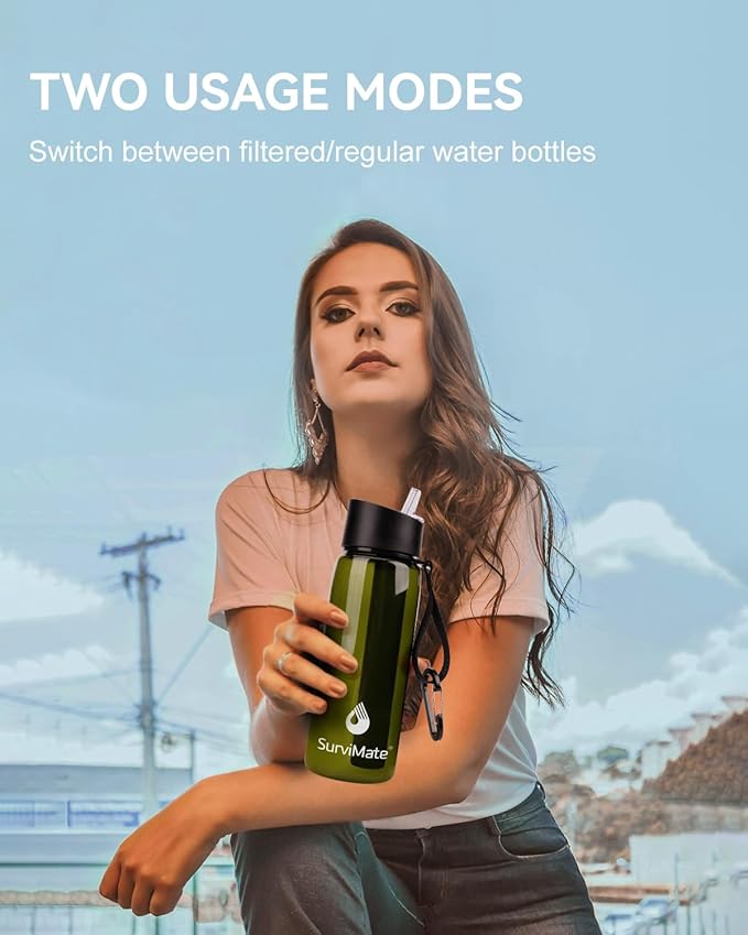SurviMate 0.01μm Ultra-Filtration Filtered Water Bottle, Portable Water Filter Bottle with 4-Stage Filtration for Survival, Camping, Hiking, Backpacking, Drinking, Emergency