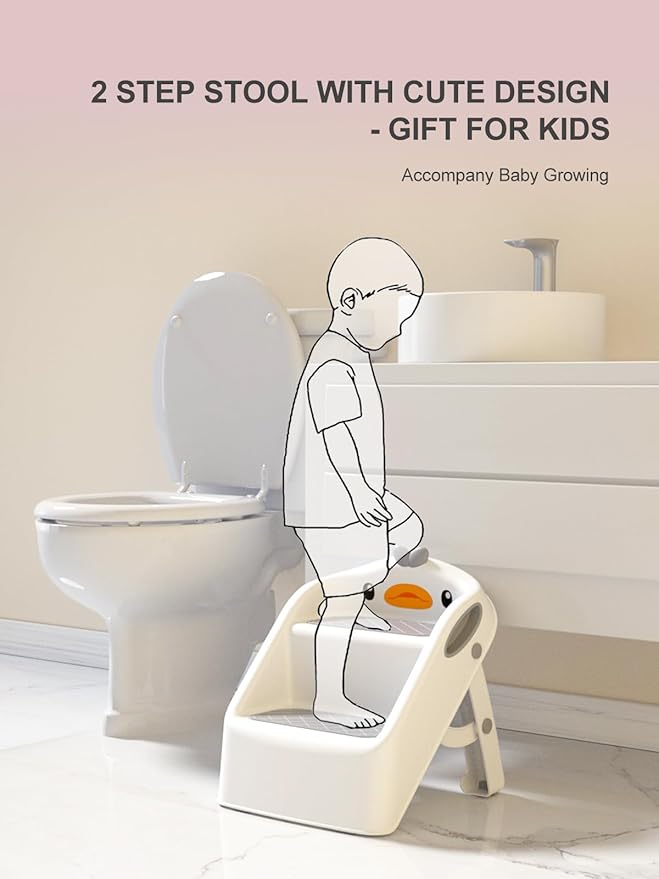 Toddler Step Stool, White & Grey, Foldable 2 Step Stool for Kids Bathroom Sink Potty Toilet, to Give Stepping Stool for Todders 1-3 More Independence, Easy to Use & Carry & Wash