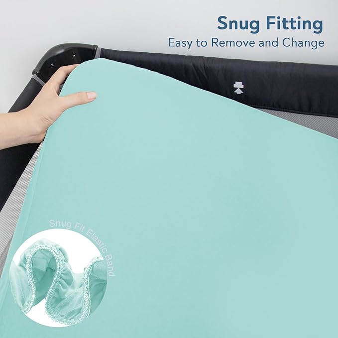 Waterproof Pack and Play Sheets Fitted 2 Pack, Compatible with Graco Pack n Play Sheets 38" X 26" Fits for Baby Playpen/Playard Mattress, Mini Crib Sheets for Boys or Girls, Grey & Aqua Blue