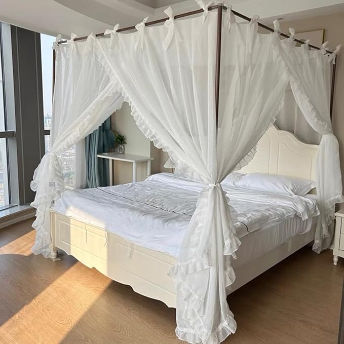 Elegant Modern Linen-Sheer Princess 4 Corner Post Mosquito Net Romantic for Girls Women Bed Curtain Canopy for Adult Wedding Bedroom Kids Rooms Decoration (Type4-White, California King)