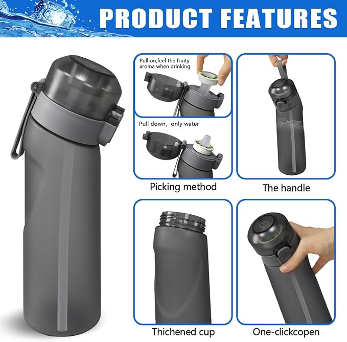 Water Bottle with Flavor Pods 21.9 Oz/650ml Fruit Fragrance Water Bottle Recyclable Sports Air Water Cup Scented Pods for Outdoor (Grey)
