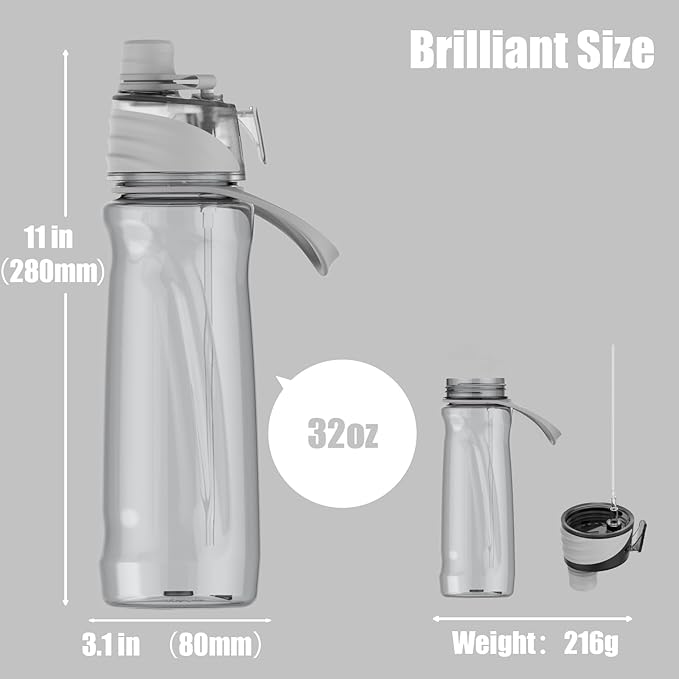 FEIJIAN Mist Water Bottle,32oz Sports Water Bottle with 2-IN-1 Mist & Sip Function, BPA-Free Plastic Water Bottles, Misting Water Bottle, Leakproof & Lightweight, Ideal for Fitness and Outdoor, Gray