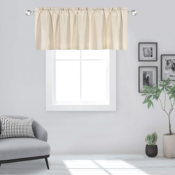 Beige Valance for Windows 60x18 Inch Solid Thermal Insulated Blackout Rod Pocket Kitchen Short Curtain Toppers Valance for Bathroom Living Room 1 Panel