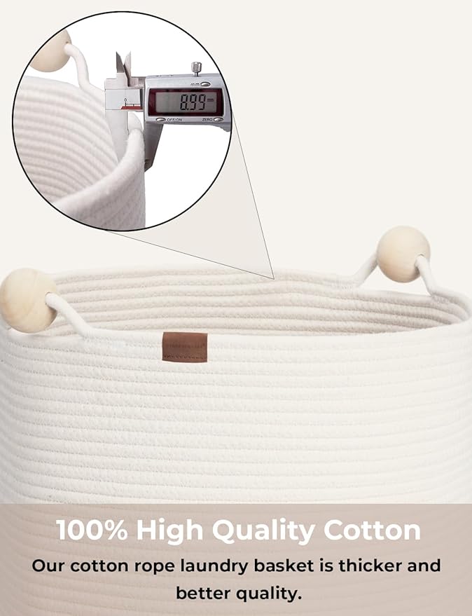 StorageWorks 72L Cotton Rope Laundry Basket with Wooden Beads Handles, Woven Basket for Storage, Dirty Clothes, Kids Toys, Towels, White & Grey