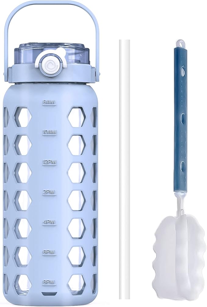 MUKOKO 56oz Glass Water Bottles with Straw and Lid,Motivational Water Jug with Time Marker Reminder and Silicone Sleeve,100% Leakproof BPA Free Fitness Sports Large Bottle-Light Blue