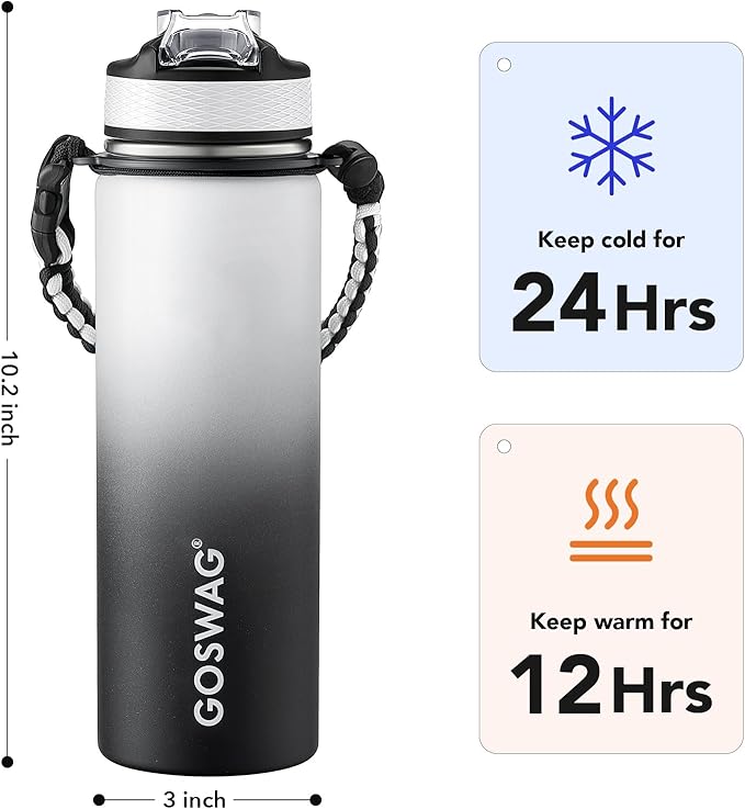 GOSWAG Insulated Sports Water Bottle, 24oz 2 Lids(with Straw/No Straw), Stainless Steel Water Bottles with Paracord Handle, Insulated Thermos with Double-Wall Vacuum Insulation