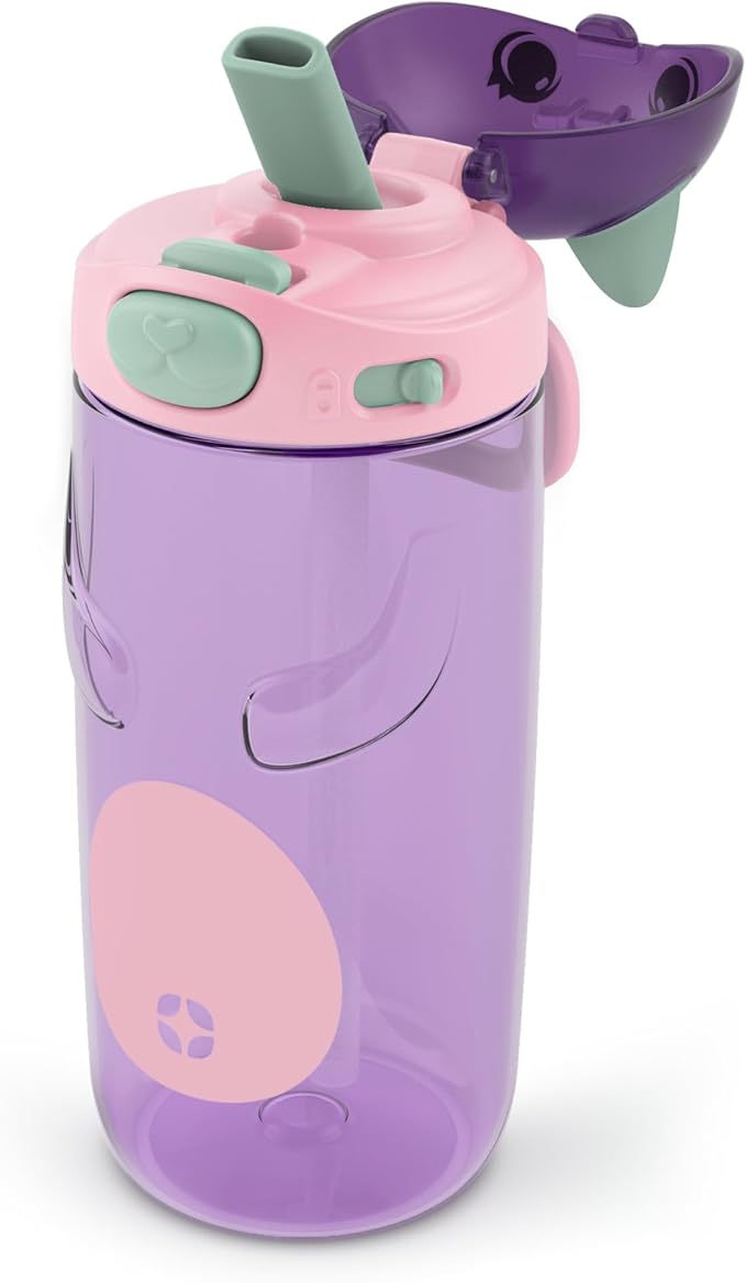 Ello Ellies 16oz Plastic Kids Water Bottle with Straw and Built-in Carrying Handle and Leak-Proof Locking Lid for School backpack, Lunchbox and Outdoor Sports