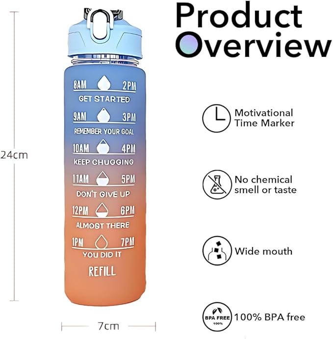 Generic Drinking Water Bottles Fitness Sports With Time Marker, 900 ml, Multiple Colors, Motivational Drinking Bottles (Blue+ Orange), XH-2081