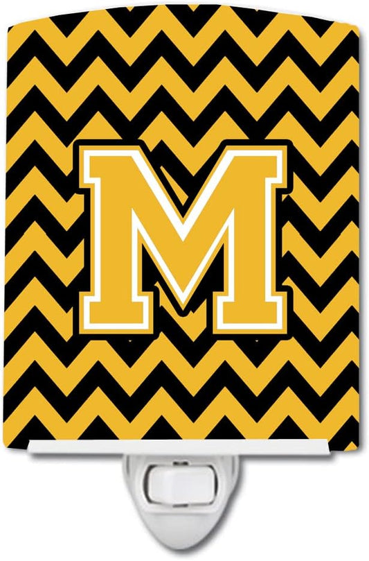 Caroline's Treasures CJ1053-MCNL Letter M Chevron Black and Gold Ceramic Night Light Compact, UL-Certified, Ideal for Bedroom, Bathroom, Nursery, Hallway, Kitchen, 6x4x3, Multicolor