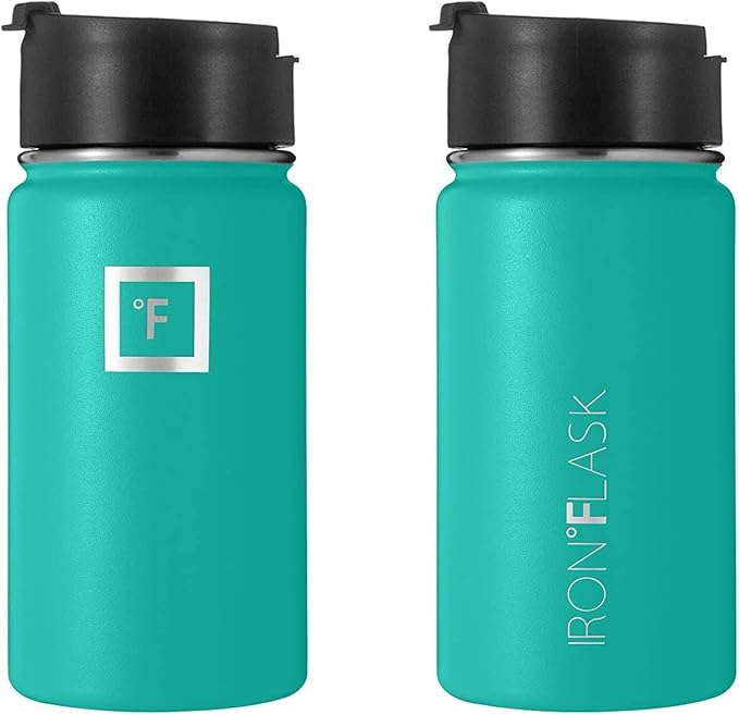 IRON °FLASK Sports Water Bottle - Wide Mouth with 3 Spout Lids - Stainless Steel Gym & Outdoor Bottles for Men, Women & Kids - Double Walled, Insulated Thermos, Metal Canteen - Aquamarine, 14 Oz