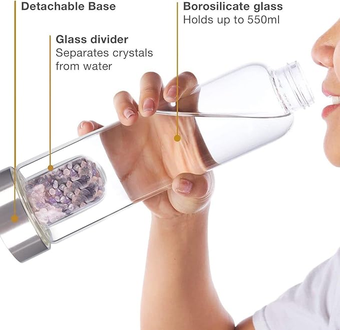 Crystal Glass Water Bottle, Glass Water Bottle with Changeable Natural Crystal Center, Quartz Gemstone Water Bottle for Natural