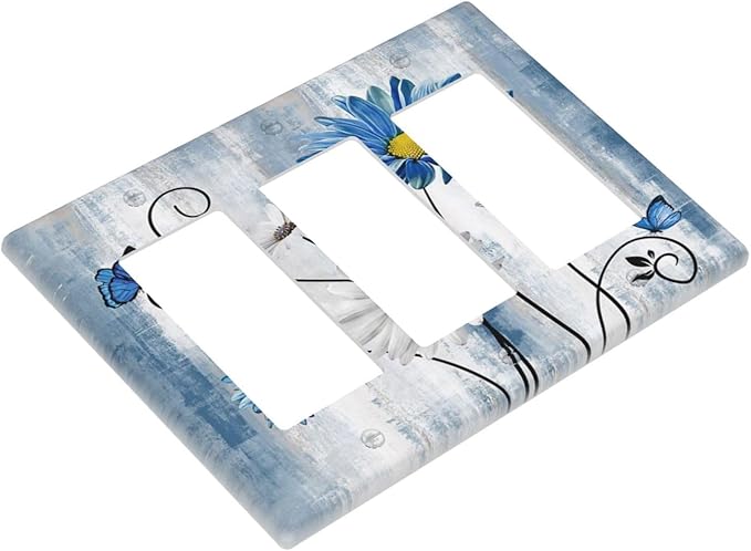 Rustic Teal Blue Daisy Floral 3 Gang Rocker Light Switch Covers Triple Outlet Wall Plate Decorative Switchplate Cover Faceplate GFCI for Country Bathroom Bedroom Kitchen Decor