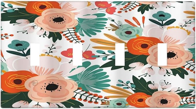 Rustic Floral Boho Colorful Flower Quad Toggle Light Switch Covers 4 Gang Wall Plate Decorative Switchplate Electrical Faceplate for Farmhouse Bathroom Bedroom Kitchen Decor