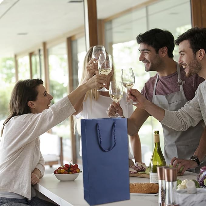 Prembag Wine Bag for Double Wine Bottles,Navy Blue Double Wine Gift Bags, 7"x 3.5"x13.8" Whiskey/Liquor Wine Bottle Bags For Gifts, 2 Bottle Wine Bags with Rope Handles,4 Pcs