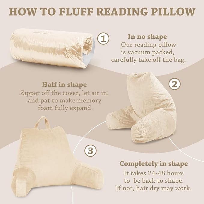 LOVTEX Reading Pillow with Removable Cover, Back Pillow for Sitting Up in Bed with Arms and Pockets, Bed Rest Pillow Adult, 20 x 15 Inches(Beige)