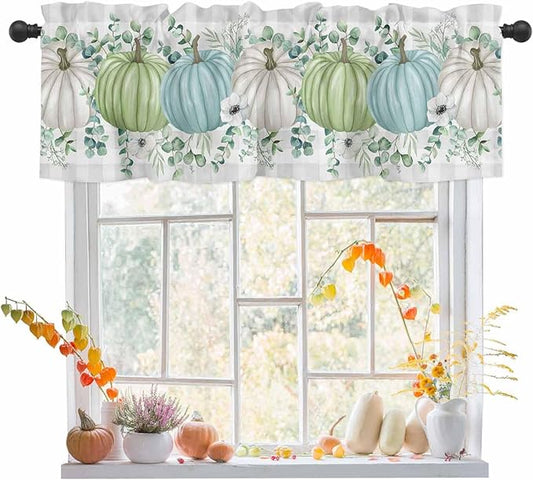 Fall Thanksgiving Kitchen Curtains Valances for Windows Autumn Pumpkins Eucalyptus Leaves Rod Pocket Window Treatment for Kitchen /Living Room/Bedroom/ Bathroom, 42" X 18", White Blue Green Gray Plaid