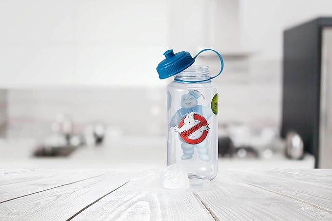 JUST FUNKY Official Ghostbusters Stay Puft Water Bottle - 32-Ounce Clear Container with Blue Lid and Ice Cube Molds - Features Giant Marshmallow Man and Film Logo - Licensed Franchise Merchandise