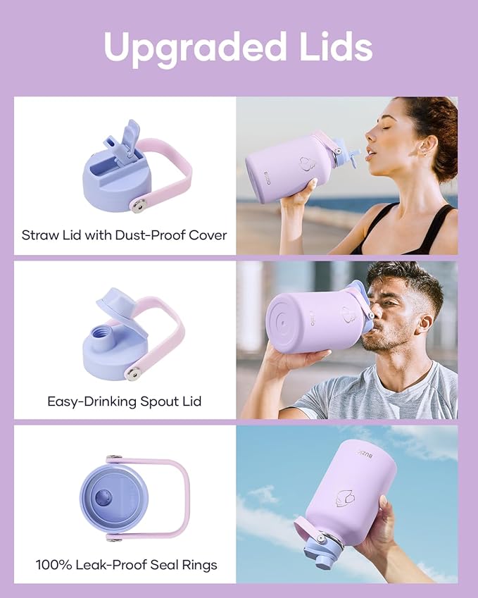 BUZIO 64oz Insulated Water Bottle, Half Gallon Water Jug Stainless Steel with Straw Lid and Carrying Pouch, Keep Cold 48h Lead-Free Double Wall Vacuum Thermo Metal Canteen for Gym Camping, Purple