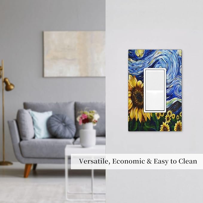 Vintage Abstract Blue Starry Sunflower 1 Gang Rocker Light Switch Covers Single Decora Outlet Wall Plate Decorative Switchplate Faceplate GFCI for Farmhouse Country Bedroom Decor
