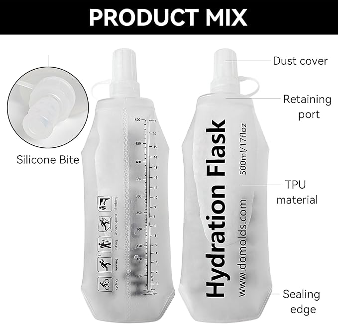 Premium Collapsible Water Bottle-250ml (8.8oz), Portable Soft Flask Water Bottle for Hydration Pack/Running Vest- Folding Water Bottle for Running, Hiking, Cycling (White 250ml)