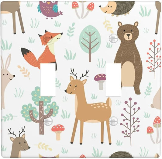 Cartoon Animal Deer Bear Fox Light Switch Cover Decorative Double Toggle Plastic Wall Plate Outlet Cover for Women Girls Bedroom Kitchen Living Room Decor 4.5 * 4.5