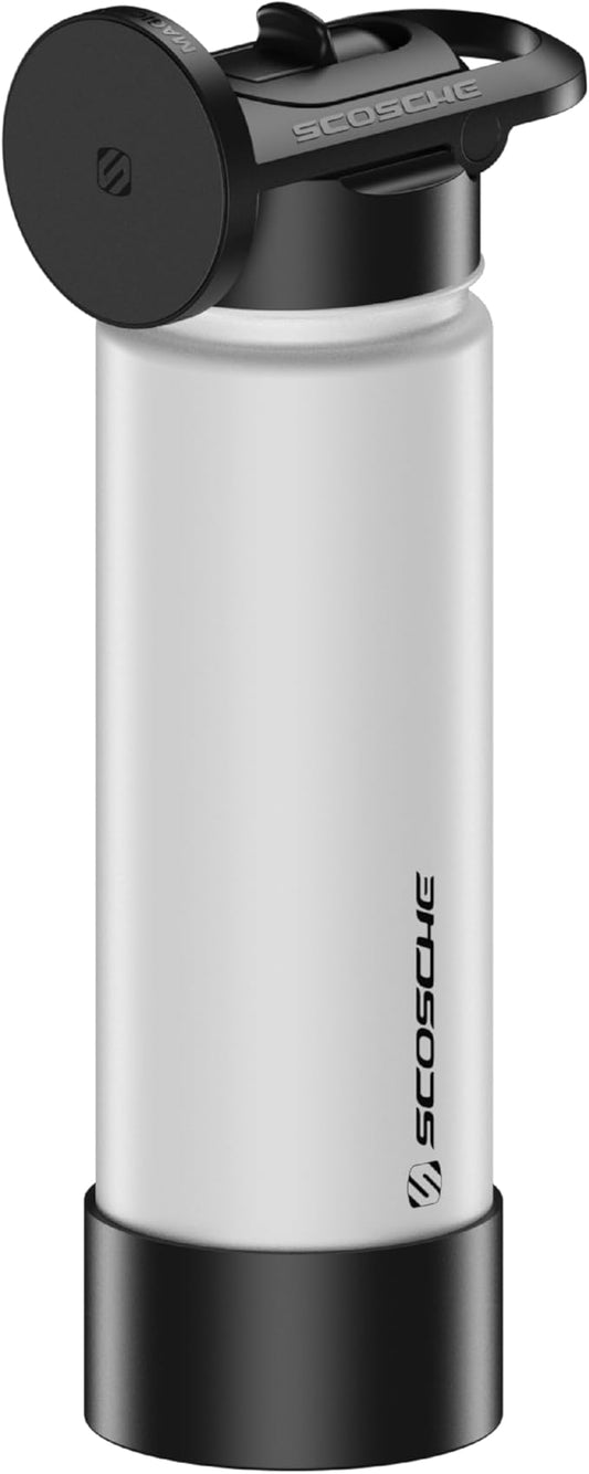 Scosche MFMS22 MagicMount Flask 22oz Stainless Steel Hot & Cold Insulated Sport Water Bottle w/Magnetic Mount Tripod Phone Stand Compatible w/MagSafe iPhone for Cup Holder/Gym/Men/Women/Travel/White