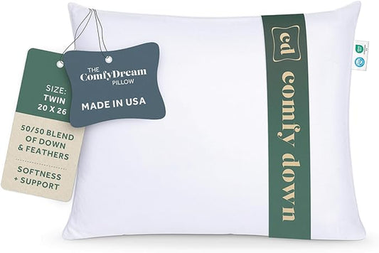 ComfyDown 50/50 Down Feather Blend ComfyDream Bed Pillow for Sleeping, Egyptian Cotton Cover, Made in USA, Twin Size