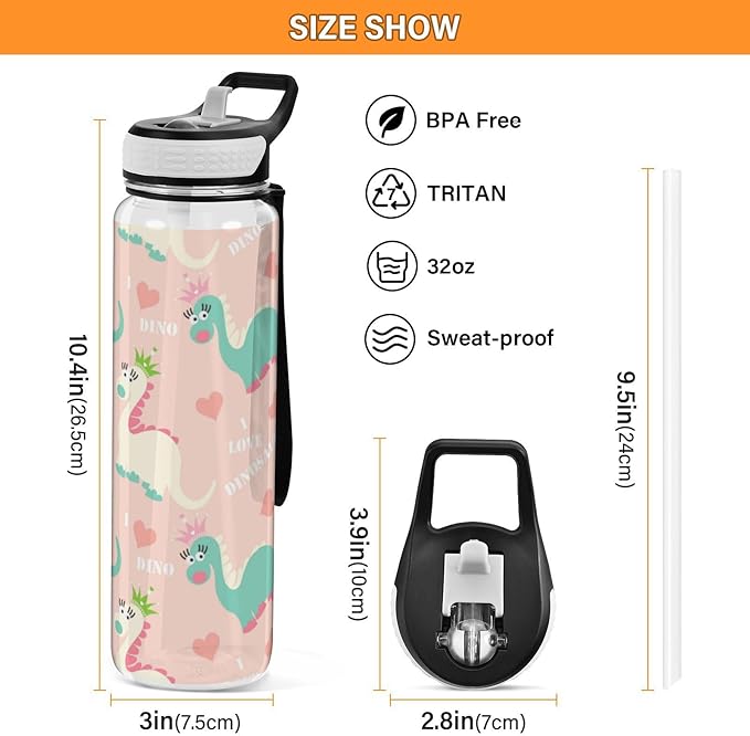 Water Bottle with Straw Kawaii Dinosaur Pink Sports Bottles BPA-Free Tritan Water Jug with Carrying Strap for Women Men Gym Outdoor Sports