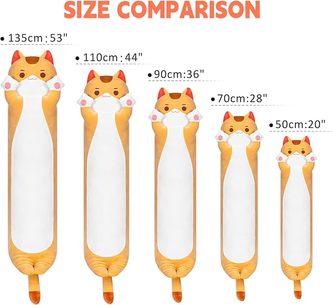 Long Cat Plush Kawaii Body Pillow, 36” Cute Brown Cat Stuffed Animals Soft Plushies, Orange Kitten Plush Throw Pillow Doll Toy Gift for Girlfriend