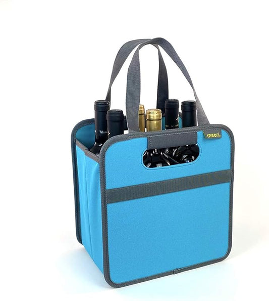 meori Foldable 6 Bottle Wine Tote Azure Blue Organize Crate Glass Dividers Stylish Travel Storage Box Liquor Spirits Tastings Grocery Shopping Hostess Gift (B100600)
