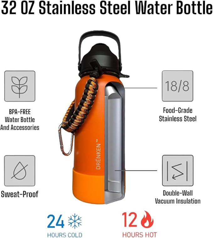 Water Bottle, Insulated water bottle, Stainless steel water bottle for kids men women Sports water bottle 32 oz Water bottle with straw Insulated Flask (Orange)