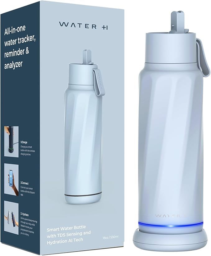Insulated Smart Water Bottles with Straw, Intake Tracker, Water Safety Analyzer, LED Reminder, BPA Free, 18 oz Double Wall Vacuum Stainless Steel Thermos (Flip Lid + Straw, Ivory White)