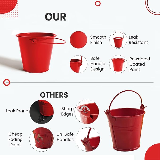 Small Metal Buckets with Handle 6 Pcs – Galvanized Bucket Leak Proof & Rust Resistant 20 fl oz Capacity - Best for Party Décor, Organizing & Decorating Classrooms (Red, Small 4.3" Top)