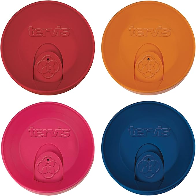 Tervis Travel Lid Made in USA Double Walled Insulated Tumbler Travel Cup Keeps Drinks Cold & Hot, Fits 24oz Tumblers & 16oz Mugs - 4pk, Assorted Red Orange Fuchsia Navy