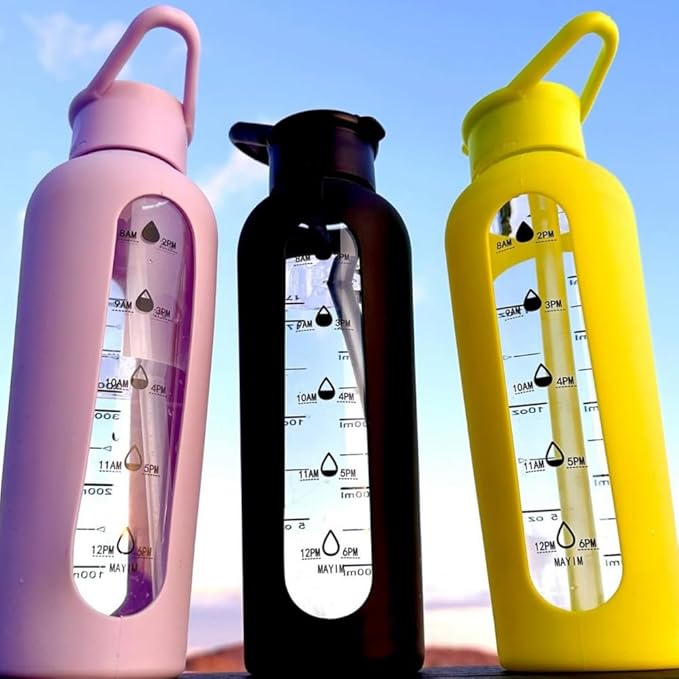 Mayim 24 Oz Glass Tumbler with Straw and Handle, Reusable Motivational Glass Water Bottle with Silicone Sleeve and Time Marker, Leak Proof Borosilicate Water Bottle -Hot Pink