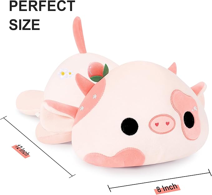 Onsoyours Cute Cow Plushie, Soft Stuffed Peach Cow Squishy Plush Animal Toy Flower Cow Pillow for Kids (Peach Cow, 12")