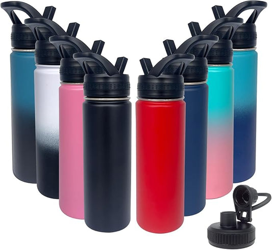 8pack 22 oz Insulated Water Bottle With Straw, Stainless Steel Sports Water Cup Flask with 2 Lids, Wide Mouth Travel Thermal Mug,Combining Colors