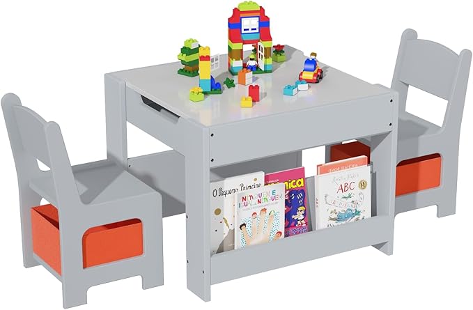 Kids Table and Chair Set, 4 in 1 Wooden Activity Table & 2 Chairs with Storage Drawer Detachable Tabletop for Toddlers Kids Drawing, Reading, Crafts, Art,Homework, Nursery, Playroom