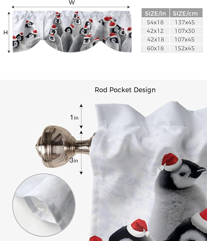 Funny Penguin with Christmas Hat Blackout Tie Up Valance Curtains for Kitchen Windows Winter Holidays Window Toppers Balloon Shades for Living Room/Bathroom/Bedroom,1 Panel,54" X 18"