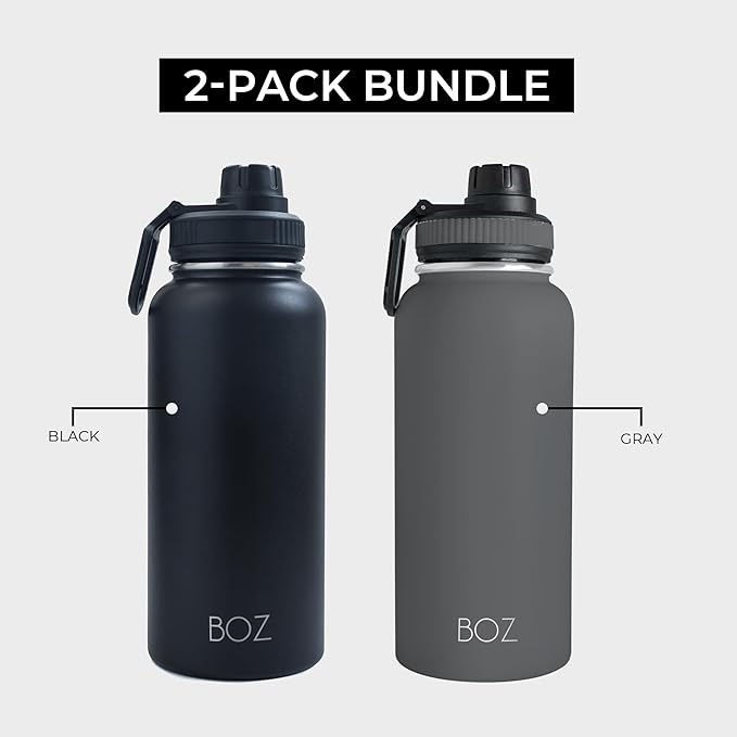BOZ Stainless Steel Water Bottles 2 Pack Bundle - Grey Water Bottle + Black Water Bottle - Vaccum Insulated Water Bottles 32 Oz - Wide Mouth BPA Free Sport Water Bottles for Gym with Spout Lid