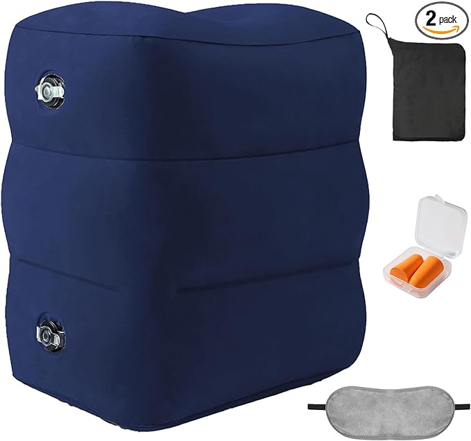 Inflatable Foot Rest Pillow for Travel - Adjustable Height Flight Foot Rest with Eye Mask and Earplugs for Kids & Adults on Airplane, Car, Train, Office, and Home (Blue, 1 PCS)