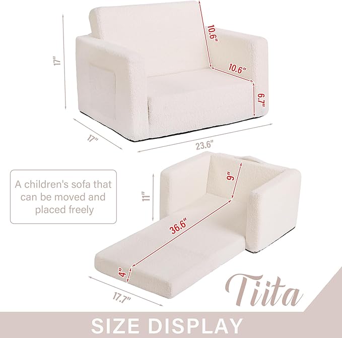 Tiita Kids Sofa, 2-in-1 Kids Sofa Chair, Convertible Children Couch to Lounger, Flip Out Kids Sofa Chair, Toddler Armrest Chair Bed, Folding Kids Play Sofa for Girl or Boy (Beige)