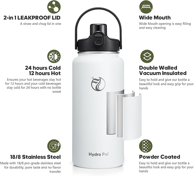HydroPal Half Gallon Insulated Water Bottle with 2-in-1 Lid (Chug Lid/Straw Lid), 64oz Double Walled Vacuum Stainless Steel Water Bottles, Water Jug with Straw (Winter White, 64 OZ)