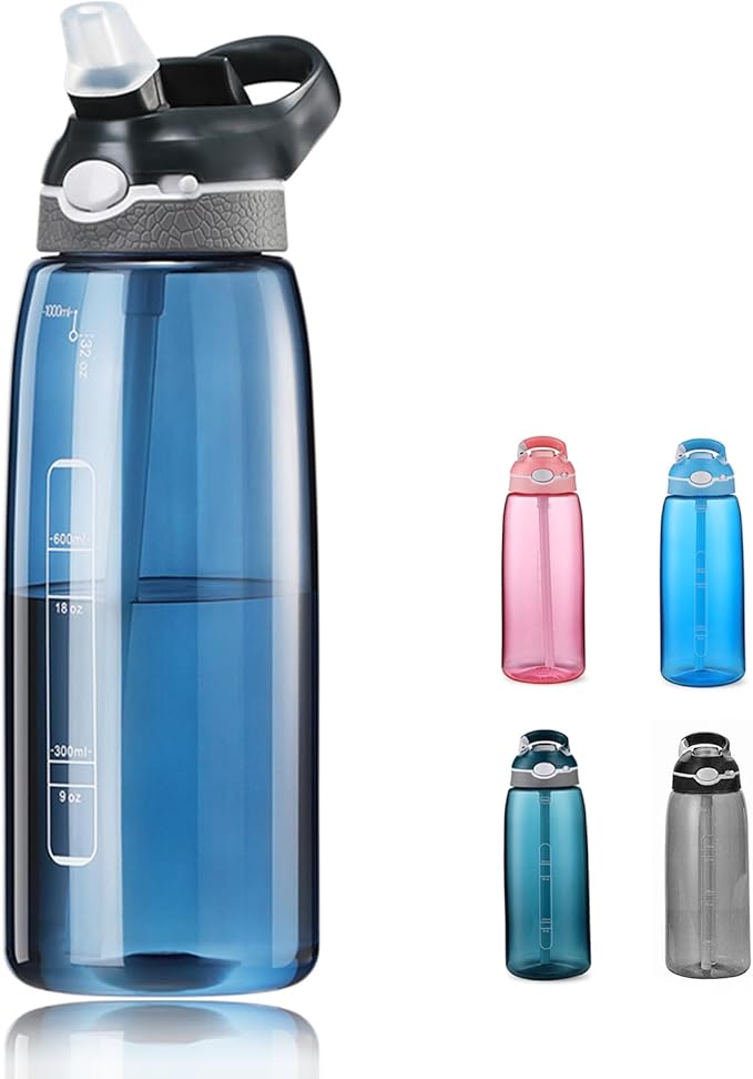SHELFLOVER Blue Water Bottle With Narrow Straw, BPA FREE Clear Bottles With Handle One Hand Use Easy Carried, Flip Up, Suit School, Office, Gym, Office For Men, 32oz (1000ml)