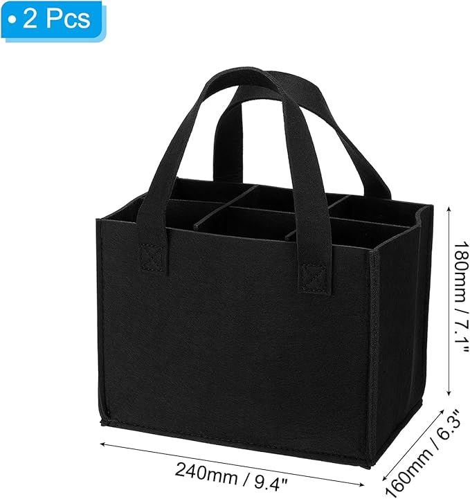 PATIKIL 6 Bottle Wine Carrier Tote Bag, 2 Pack Wine Bottle Carrying Bag with Divider Reusable Wine Storage Bag Felt Grocery Bags Portable Gift Bag, Black